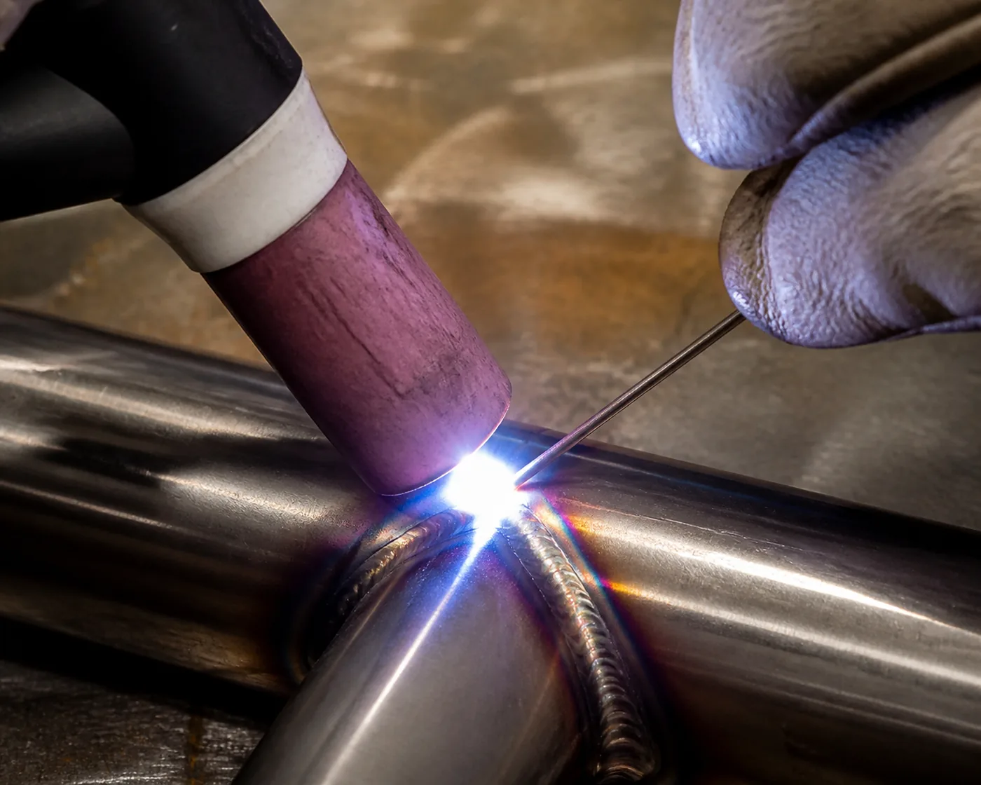 TIG welding stainless steel joint close up